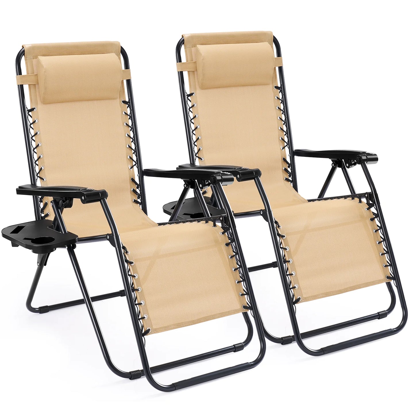 Portable Zero Gravity Recliner Chairs Set of 2 Outdoor Garden Folding Lounge Chair with Cup Holder Trays Adjustable Pillow