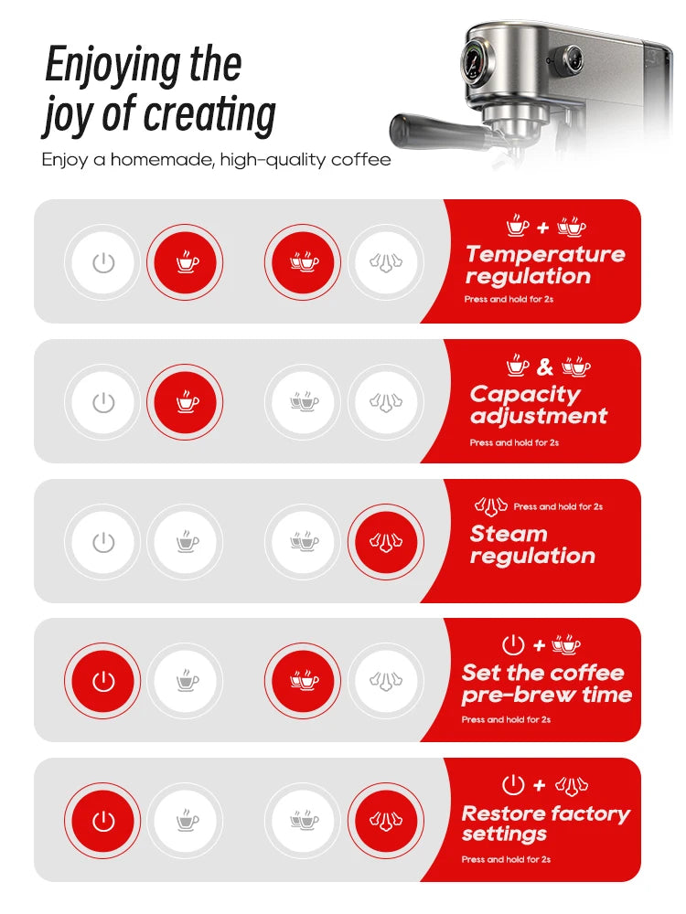 20 Bar Semi Automatic Espresso Coffee Machine Temperature Adjustable Cold/Hot Super Slim Coffee Maker Cappuccino H10B