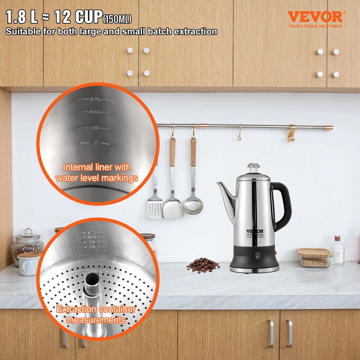 12-Cup Electric Percolator Coffee Pot 304 Stainless Steel Coffee Percolator with Keep Warm Function