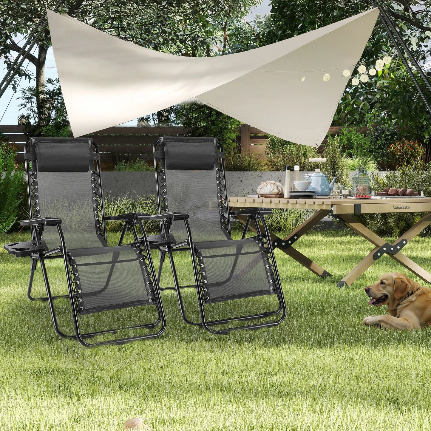 Portable Zero Gravity Recliner Chairs Set of 2 Outdoor Garden Folding Lounge Chair with Cup Holder Trays Adjustable Pillow