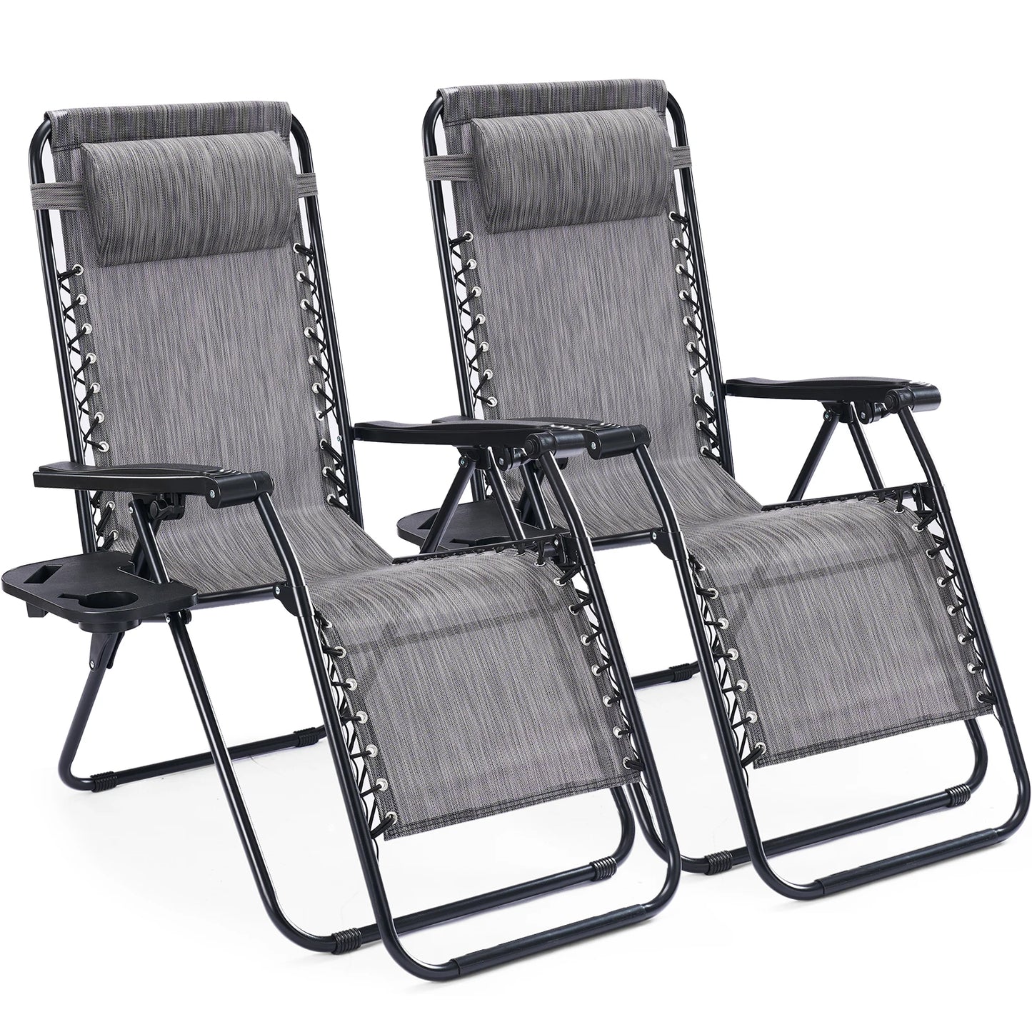 Portable Zero Gravity Recliner Chairs Set of 2 Outdoor Garden Folding Lounge Chair with Cup Holder Trays Adjustable Pillow