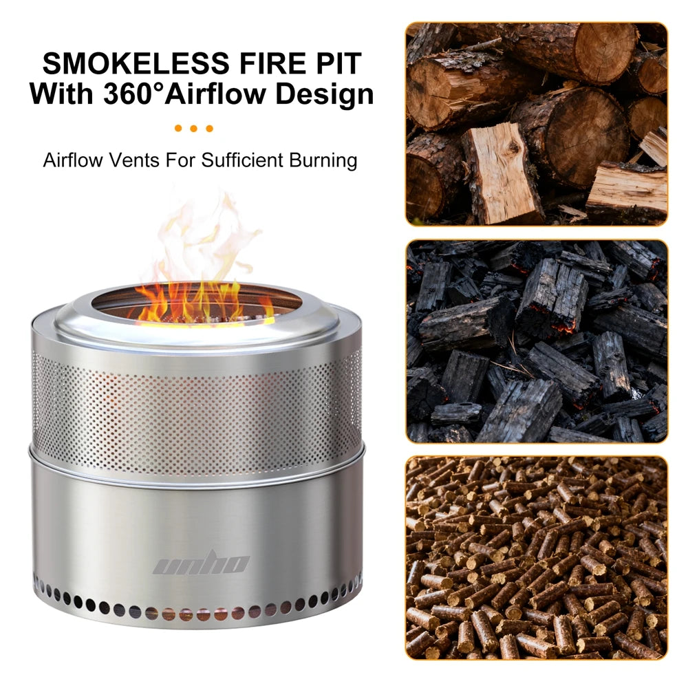 19-inch Smokeless Fire Pit, Used for Outdoor Wood Burning, Portable 304 Stainless Steel Camping Stove, Perforated Fireplace, Suitable for Outdoor Heating, Hunting, Barbecue and Ice Fishing.