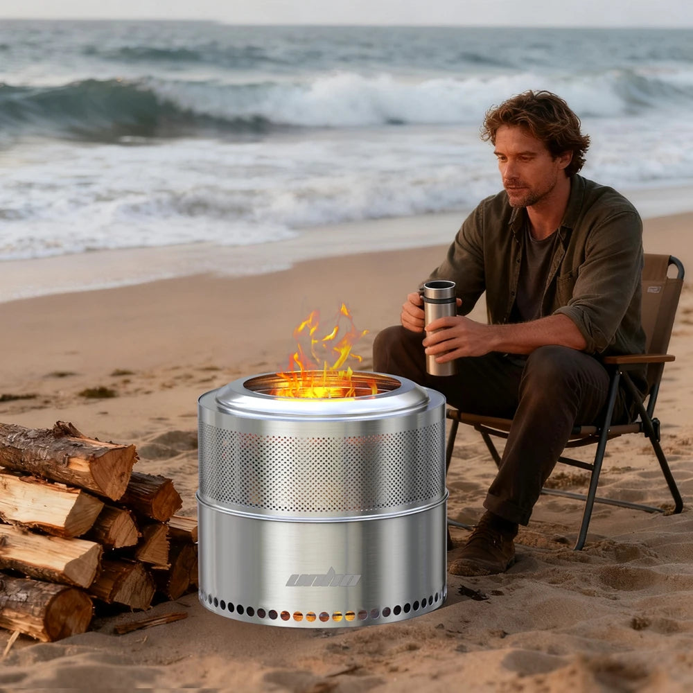 19-inch Smokeless Fire Pit, Used for Outdoor Wood Burning, Portable 304 Stainless Steel Camping Stove, Perforated Fireplace, Suitable for Outdoor Heating, Hunting, Barbecue and Ice Fishing.