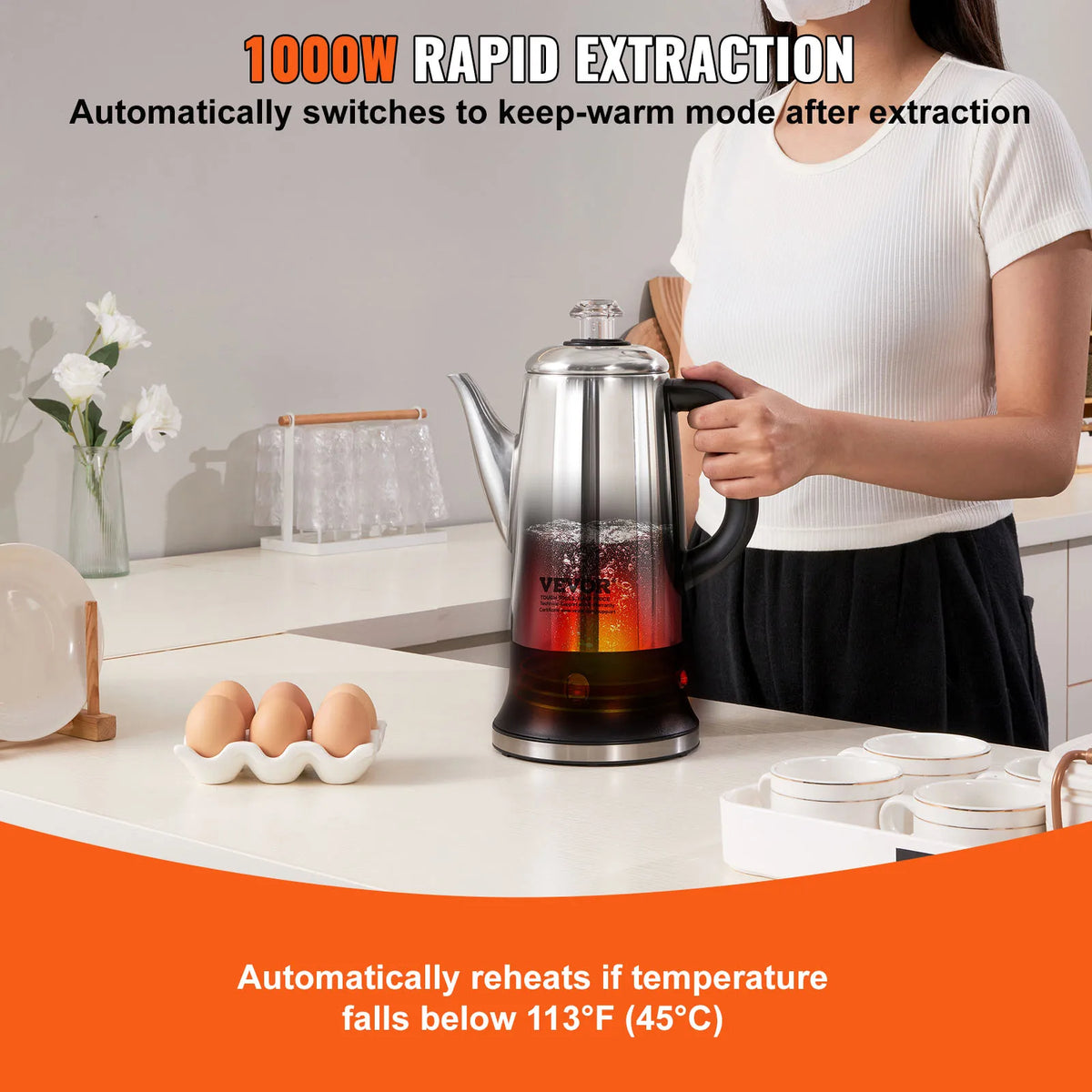 12-Cup Electric Percolator Coffee Pot 304 Stainless Steel Coffee Percolator with Keep Warm Function