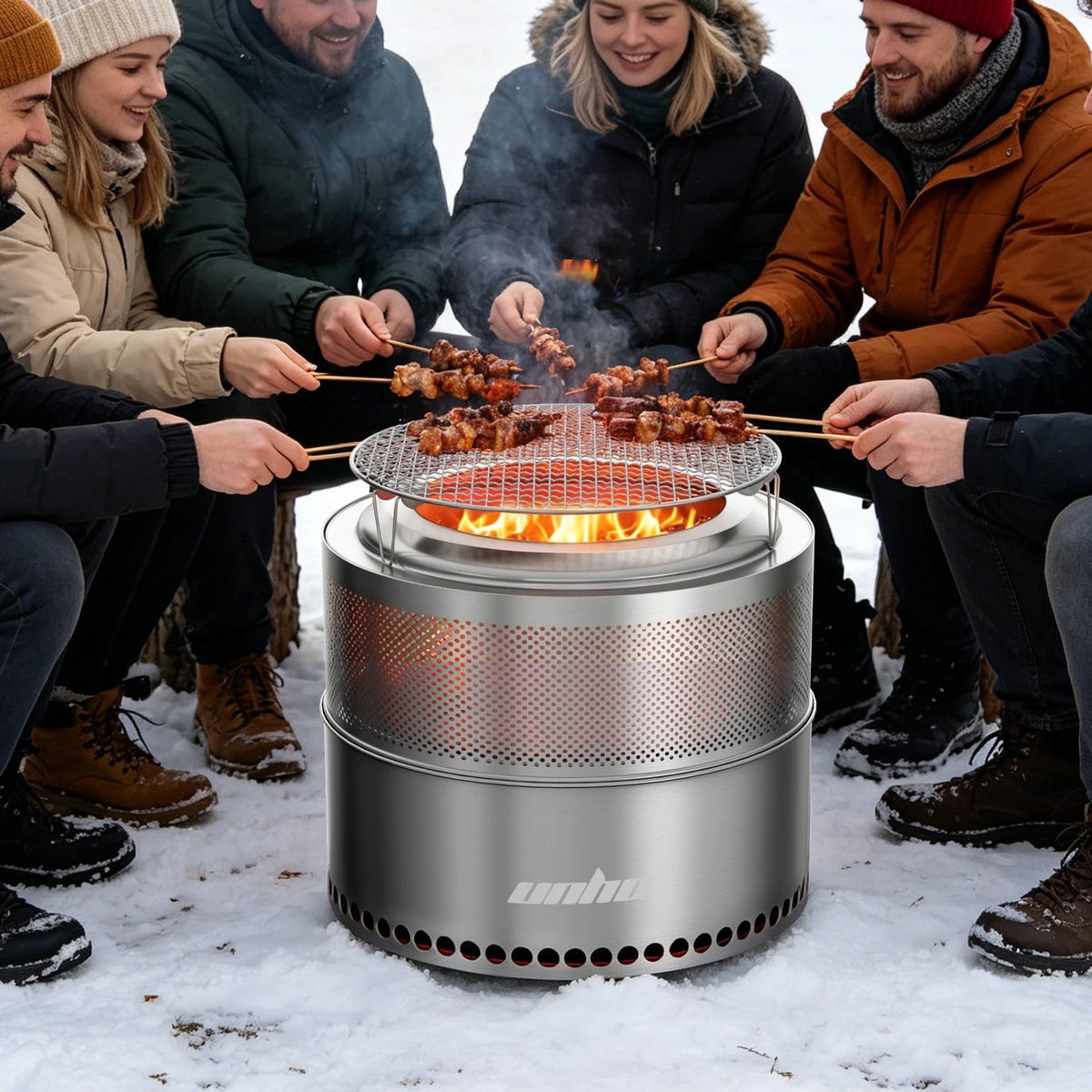 19-inch Smokeless Fire Pit, Used for Outdoor Wood Burning, Portable 304 Stainless Steel Camping Stove, Perforated Fireplace, Suitable for Outdoor Heating, Hunting, Barbecue and Ice Fishing.