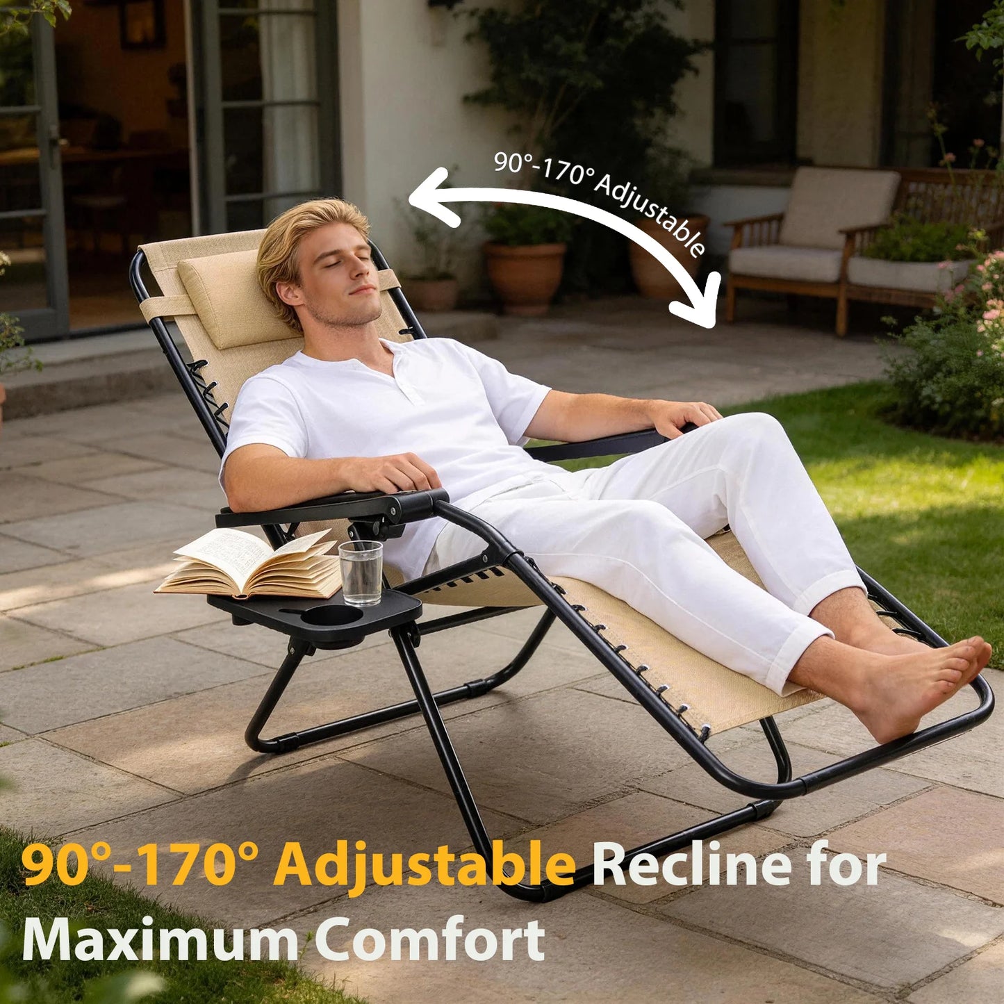 Portable Zero Gravity Recliner Chairs Set of 2 Outdoor Garden Folding Lounge Chair with Cup Holder Trays Adjustable Pillow
