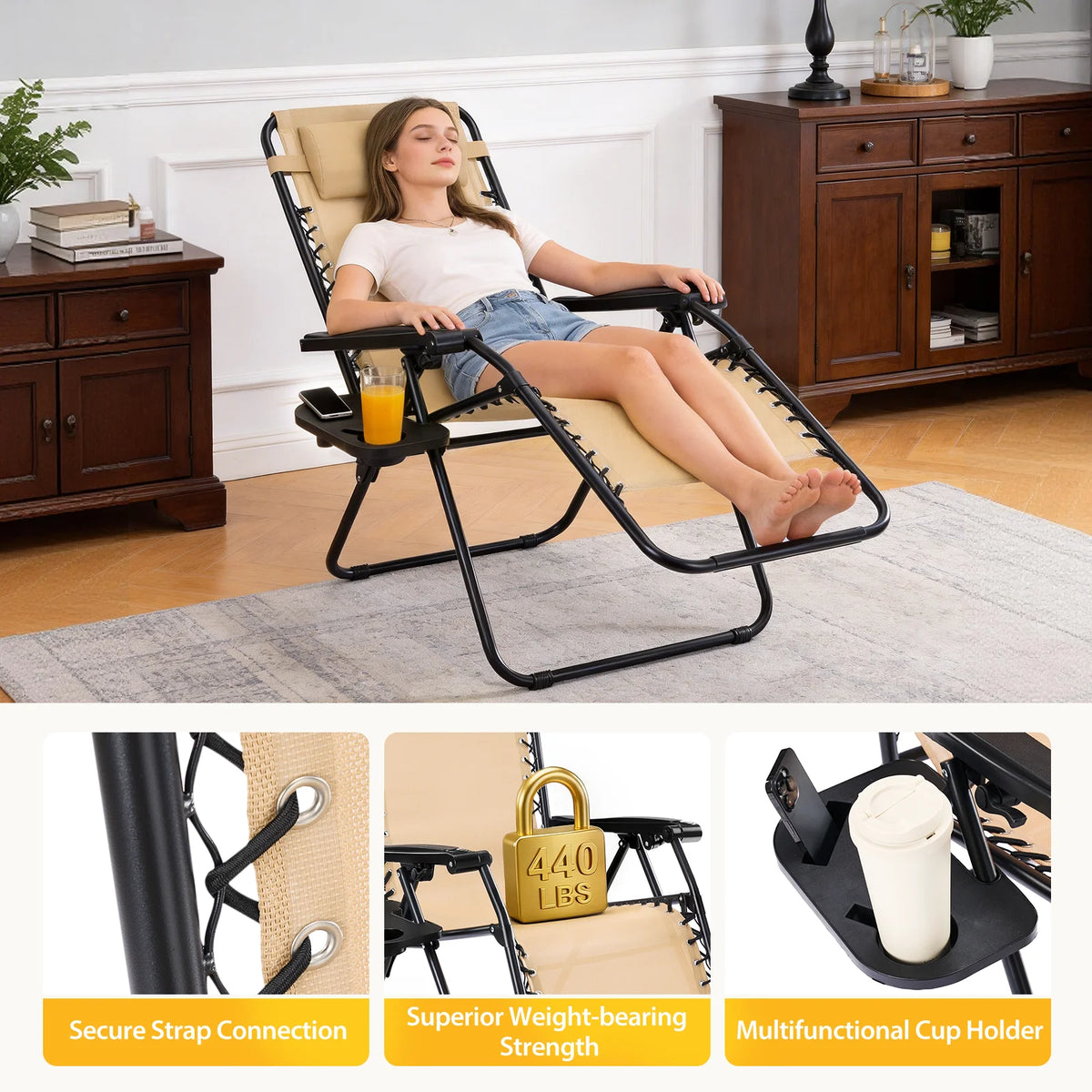 Portable Zero Gravity Recliner Chairs Set of 2 Outdoor Garden Folding Lounge Chair with Cup Holder Trays Adjustable Pillow